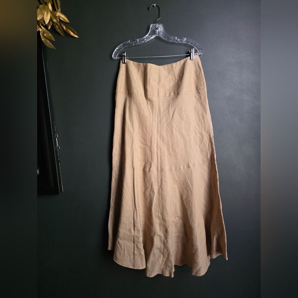 Bandolino Y2K Tan Linen Blend Asymmetrical Tiered Ruffle Midi Skirt Sz 6 - Picture 3 of 8